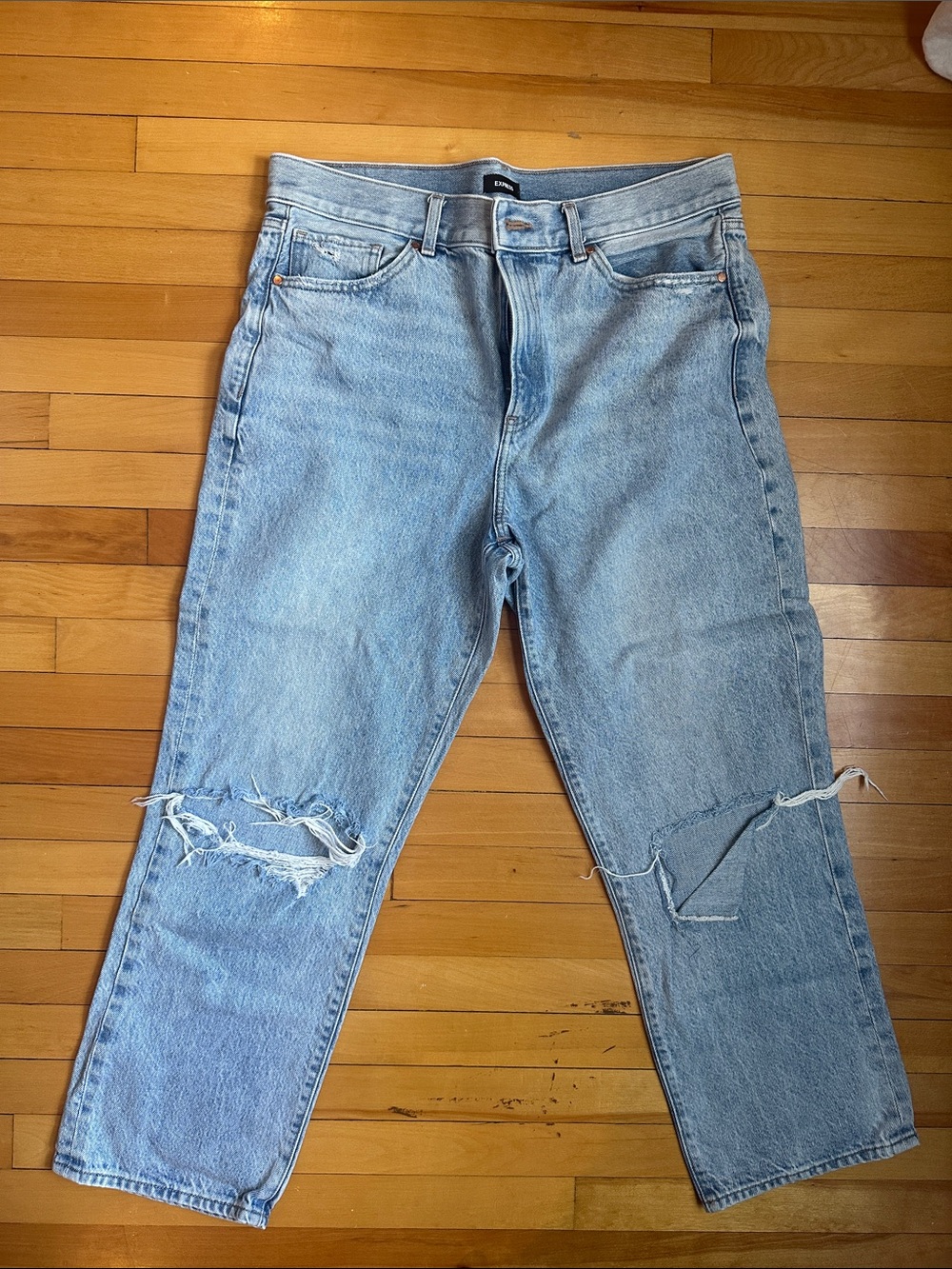 Express Light Blue Distressed Straight-Leg Jeans